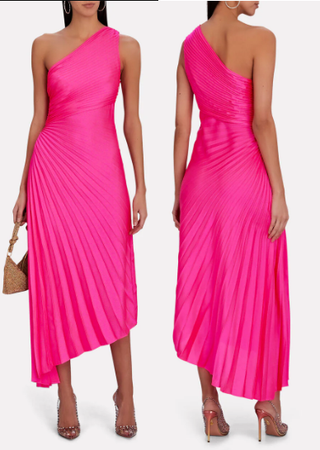 ALC Delfine One-Shoulder Plisse Asymmetric A-Line Midi Dress Pink Womens Size 2