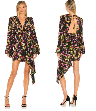 Katie May Sleepless Nights Floral Asymmetric Sash Mini Dress Black/Coral Women S