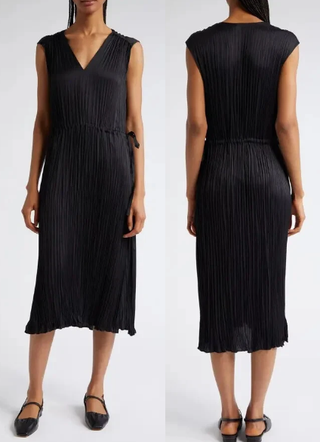 Vince Sleeveless Textured Pleated Drawstring Waist Midi Dress Black Womens XS