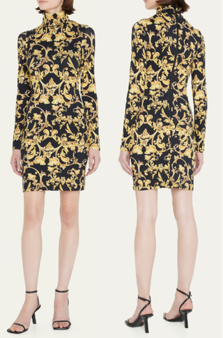 Alice + Olivia Delora Filigree Long-Sleeve Turtleneck Mini Dress Black Yellow 4