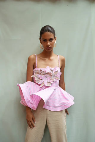 No Pise La Grama Flower Sleeveless Dreamy Top Khaki Pink Stripes Women's Size S