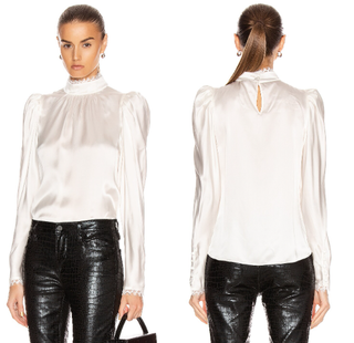 Frame Semi-Sheer Long Sleeve High Neck Lace Trim Silk Blouse White Women's Small