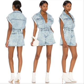 Blank NYC Head Backstage Acid Wash Denim Short Sleeve Romper Blue Women's Size L