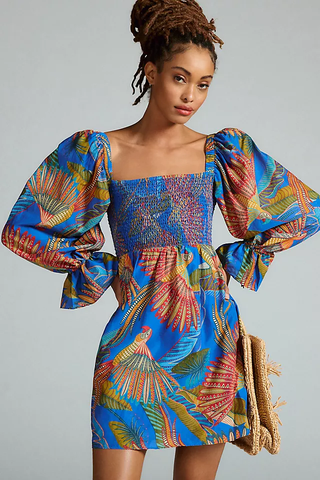Farm Rio Macaw Flight Smocked Cotton Mini Dress Vibrant Blue Tropical Print L
