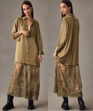 NWT Anthropologie Lace Mix Twofer Satin Shirt Maxi Dress Olive Green Women's XS