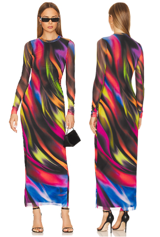 AFRM Didi Long Sleeve Round Neck Mesh Bodycon Maxi Dress Metaverse Women's Small