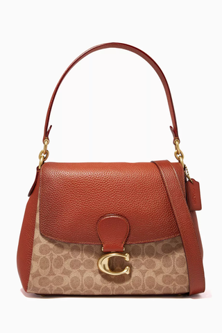 Coach Signature Coated Canvas May Small Flap Shoulder Handbag Tan Rust