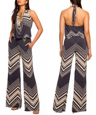 NWT Ramy Brook Stephanie Chevron Halter Open Back Wide Leg Jumpsuit Black XS
