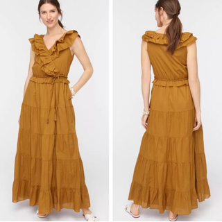 J. Crew Ruffle-Front Maxi Dress with Braided Belt Mustard Brown Women's Size 4