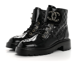CHANEL Shiny Calfskin Quilted Lace Up Combat Boots with Metal Logo Black EU 37