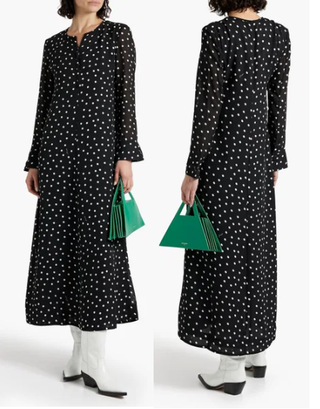 Ganni Polka-Dot Front Zip Crepe Shirt Midi Dress Black White Women's Size XL