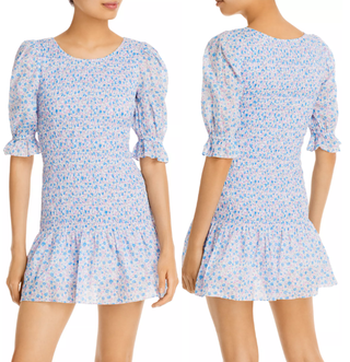 LoveShackFancy Luppa Cotton Florall Smocked Puff Sleeve Mini Dress Blue Pink M