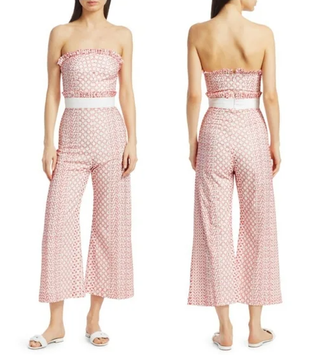 Alexis Barbara Pretti Embroidered Ruffle Wide Leg Jumpsuit Pink/White Women's S