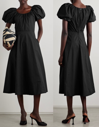 Ulla Johnson Imara Gathered Cotton-Poplin Puff Sleeve A-Line Midi Dress Black 0