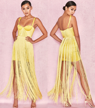 NWT House of CB Eme Limited Edition Satin Fringe Bodycon Dress Lime Women's S