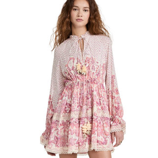 Hemant & Nandita Suki Floral Long Sleeve Tiered Ruffle Mini Dress Pink Womens L
