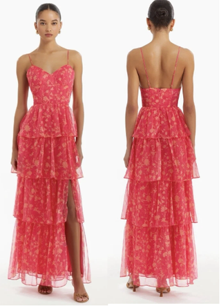 Amanda Uprichard Thaddea Tiered Maxi Dress Brookside Pink & Orange Women's M