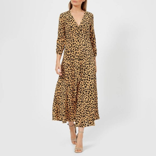 NWT Rixo Katie Silk Spot Leopard Print Maxi Dress Camel/Black Women's Size US 6