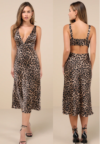 NWT Lulus Unmatched Elegance Leopard Satin Sleeveless Midi Dress Tan Women Small