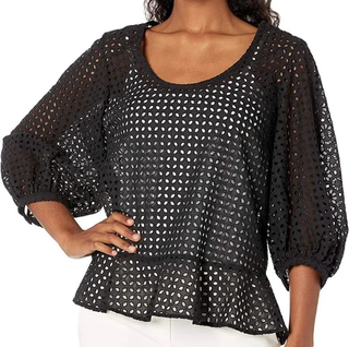 Club Monaco Eyelet Embroidered Puff Scoop Neck Blouse Black Women's Size Small