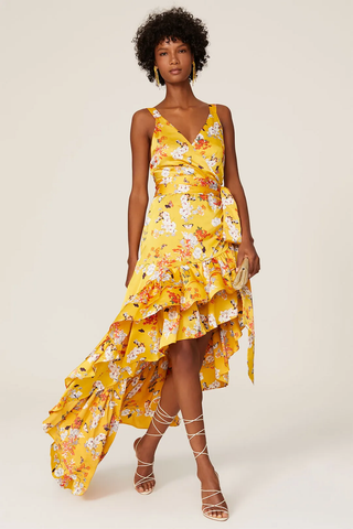Bronx & Banco Narciss Floral V-Neck Ruffle Trim Maxi Wrap Dress Yellow Womens M