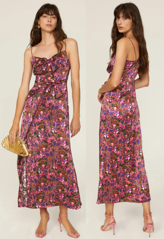 Saloni Penelope-B Floral Print Silk Satin Midi Slip Dress Pink Women's Size 4