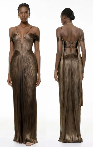 NWT Miss Rosier Marise Draped Satin Corset Metallic Maxi Dress Brown Large