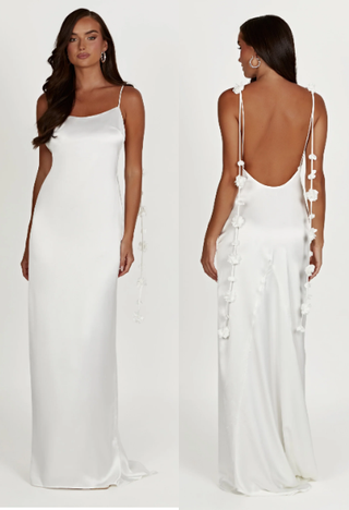 NWT Meshki Elenora 3D Rose Floral Satin Bridal Gown Maxi Dress White Women's S