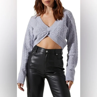 Astr The Label Long Sleeve Knot Front Cropped Knit Sweater Lilac Women's Size M