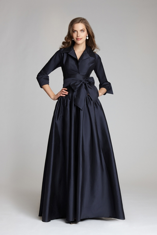 NWT Terri Jon Tafetta Long Sleeve Tie Waist Long Gown Dress Navy Blue Women's 16