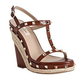 Valentino Garavani Leather Rockstud Espadrille Wedge Sandals Brown Women's 39.5