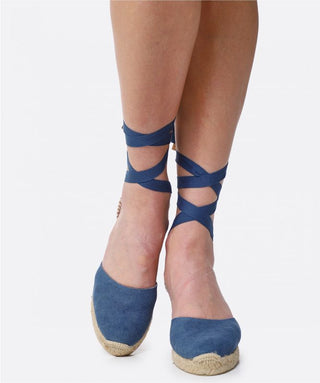 Castaner Carina Denim Espadrille Wrap Strap Wedges Sandals Blue Women's Size 10