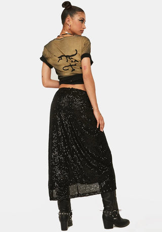 Lioness Almost Famous Low Rise Sequin A-Line Midi Skirt Black Women's Size XS