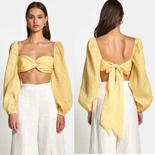 NWT Sofia Charlotte Long Sleeve Twist Front Tie Back Crop Blouse Yellow US 2/ XS