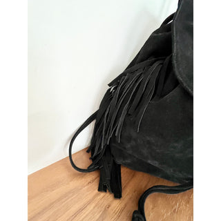 The Perfext 100% Calf Suede Leather Fringe Flap Backpack Bag Black Women's