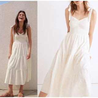 Madewell Eyelet Lucie Smocked Tie-Strap Tiered Midi Dress Cream Women's Size M