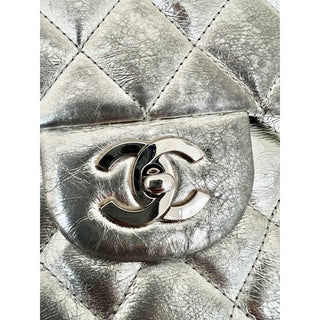 Chanel Quilted Lambskin Leather Double Flap Shoulder Bag Metallic Silver Womens