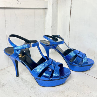 Saint Laurent Tribute Leather T-Strap Metallic Platform Sandals Metal Blue 39L/9