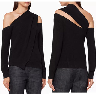 RTA Juliet Off-the-Shoulder Asymmetrical Ribbed Knit Sweater Black Women's XS