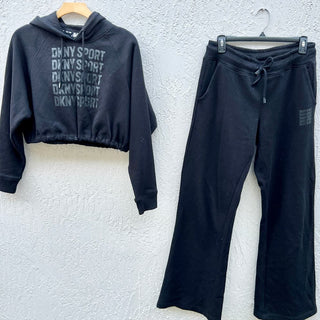 DKNY Performance Crop Hooded & Macy's Drawstring Track Pants Set Black Women's S