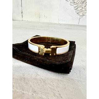 Hermès Clic Clac H Narrow Enamel Cuff Bangle Bracelet Gold/White with Pouch