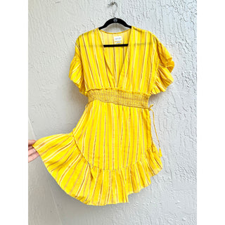 Saylor Adrianne Striped Ruffle-Sleeve V-Neck Mini Dress Yellow Women's Size M