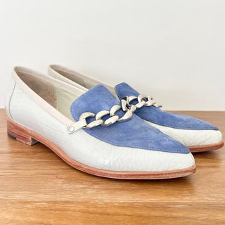 Victoria Hache Suede 100% Leather Slip On Flat Loafers Blue Ivory Women's Size 9