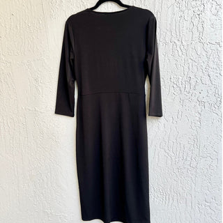 T Tahari 3/4 Sleeve Asymmetrical Slit V Neck Midi Dress Black Women's Size Small