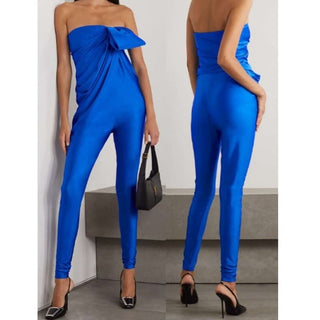 Saint Laurent Strapless Gathered Bow Satin Jersey Jumpsuit Blue Women's Size 1/S