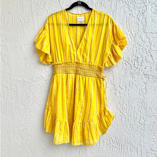 Saylor Adrianne Striped Ruffle-Sleeve V-Neck Mini Dress Yellow Women's Size M