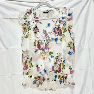 Massimo Dutti Floral Ruffle Trim Blouse White Multi Women's Size 44/34 / Large