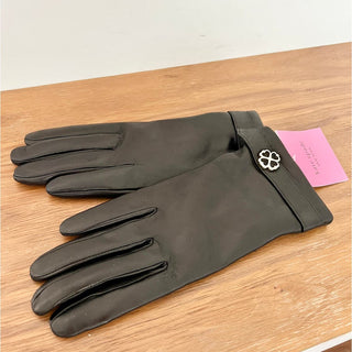 NWT Kate Spade Leather Flower Buckle Logo Gloves Black Women's Size M