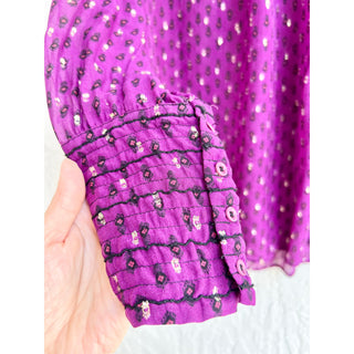 Ba&Sh Long Puff Sleeve Printed Silk Blend Cabri Blouse Purple Women's Size Large