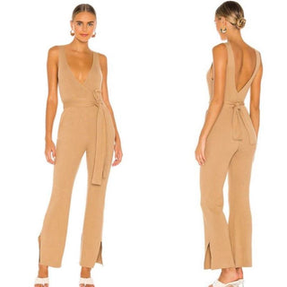 Majorelle Deep V Neckline Ribbed Knit Flare Leg Jumpsuit Camel Women's Medium